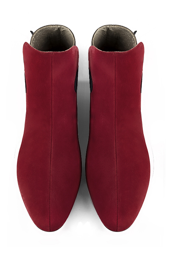 Burgundy red and navy blue women's ankle boots with buckles at the back. Round toe. Flat block heels. Top view - Florence KOOIJMAN